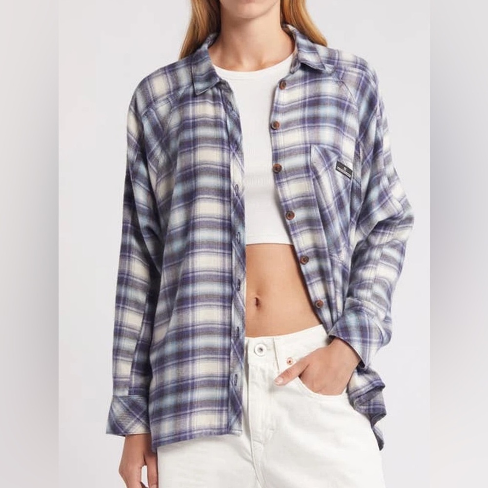 BDG Urban Outfitters Brendan Plaid Flannel Button-Up Shirt Light Blue